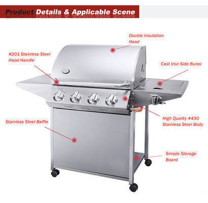 Easily Cleaned 4 1 Burners Stainless Steel Trolley Courtyard Outdoor BBQ Machine Gas Grill
