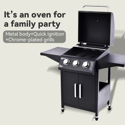High Temp Powder Coated 3 Burner Gas Grill with 2 Foldable Side Board Natural Gas