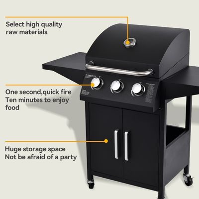 High Temp Powder Coated 3 Burner Gas Grill with 2 Foldable Side Board Natural Gas