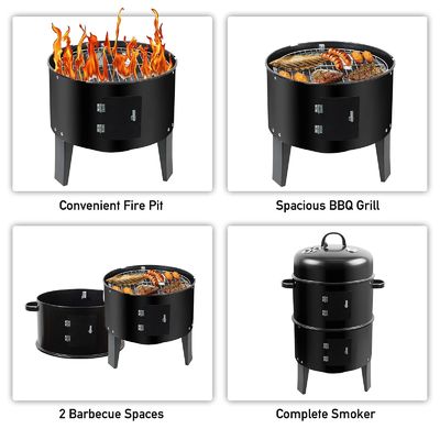 Thermometer Equipped 3-in-1 Vertical Steel Charcoal Smoker for Home Party Celebration