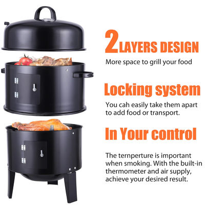 Thermometer Equipped 3-in-1 Vertical Steel Charcoal Smoker for Home Party Celebration