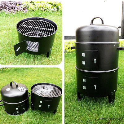 Thermometer Equipped 3-in-1 Vertical Steel Charcoal Smoker for Home Party Celebration